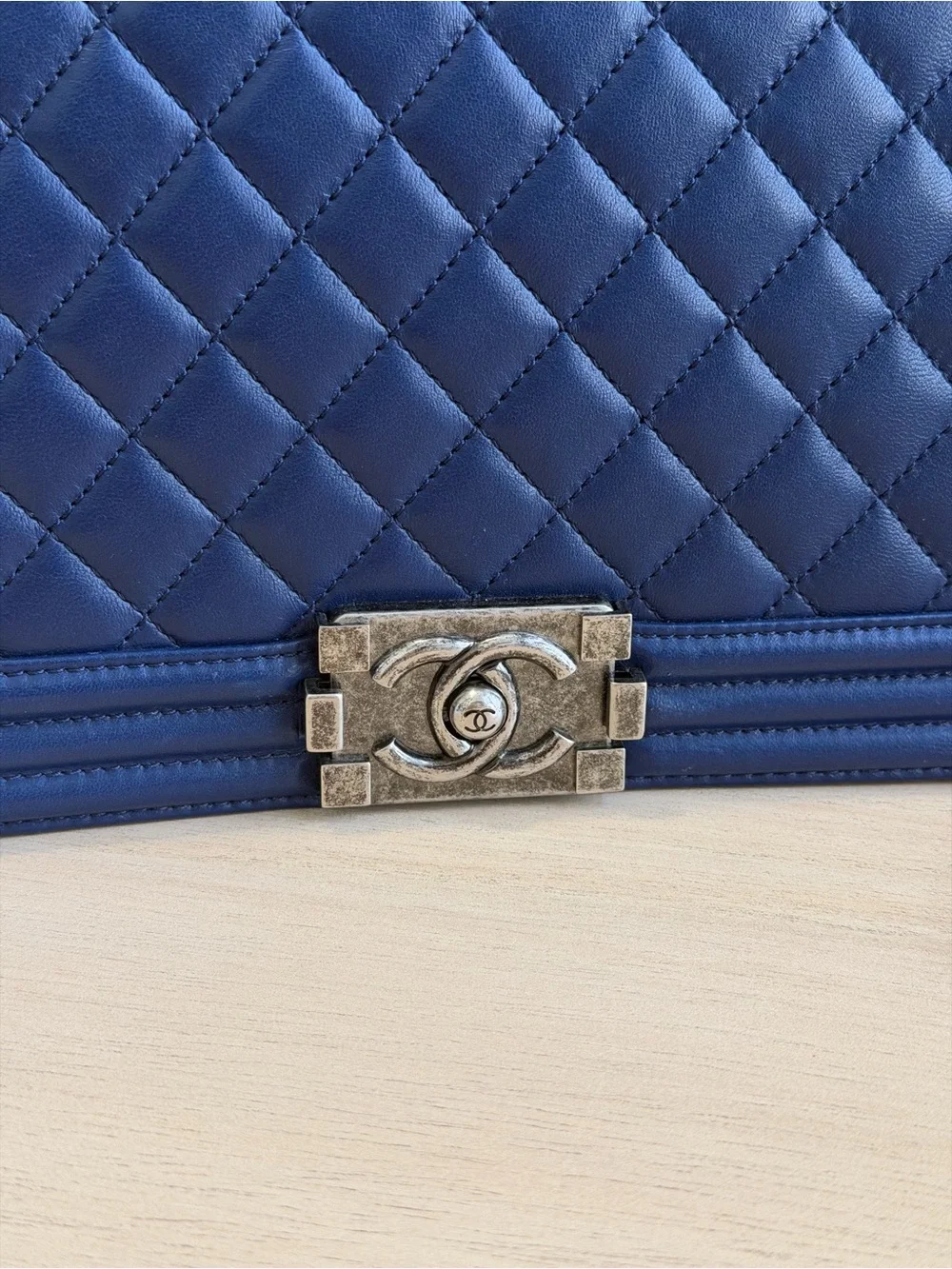 CHANEL Navy Boy Flap Bag Quilted Lambskin Medium with Aged Hardware